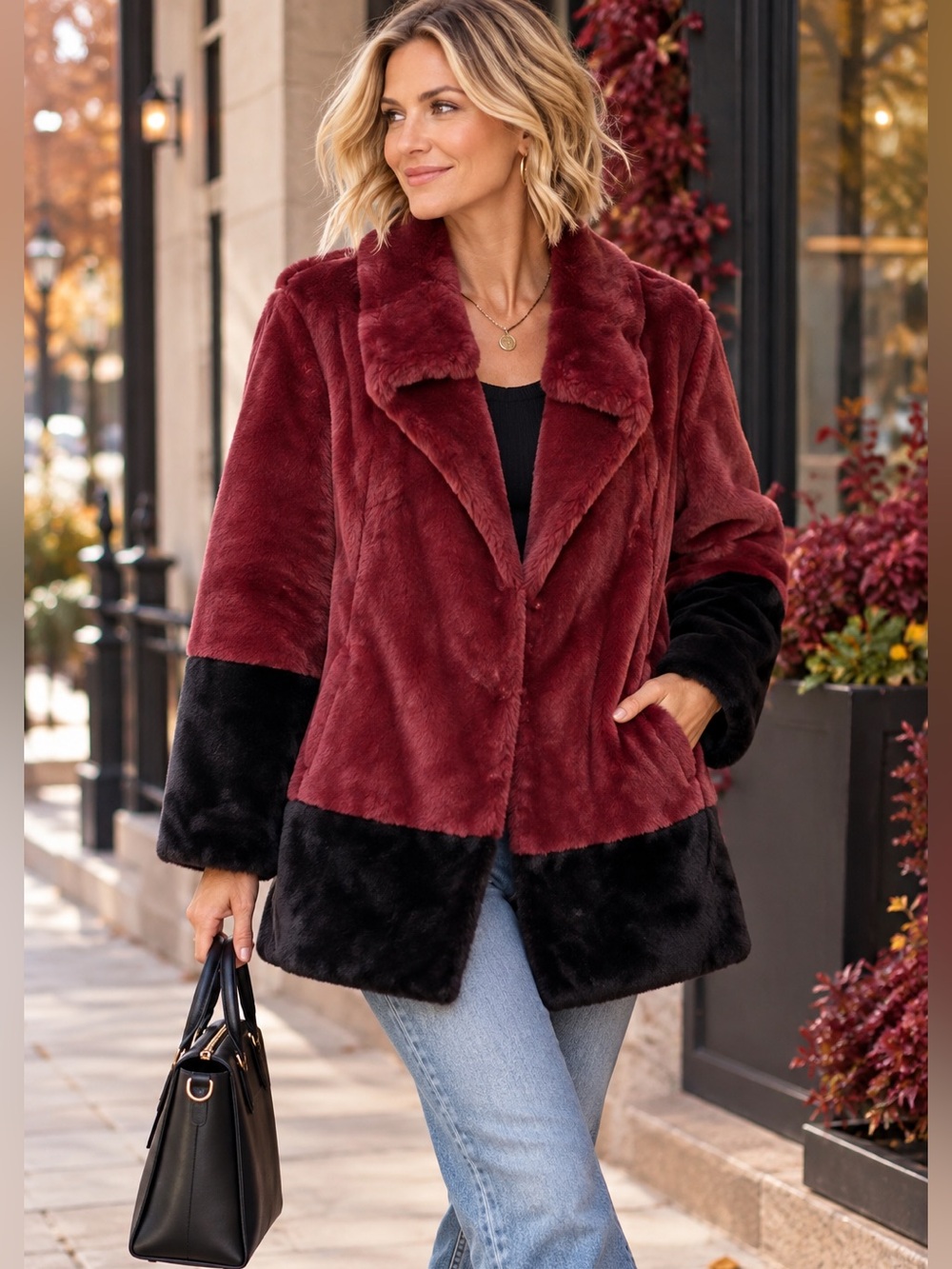 Trina Turk Blanche Faux Fur Coat Burgundy Black Colorblock Jacket XS Oversized